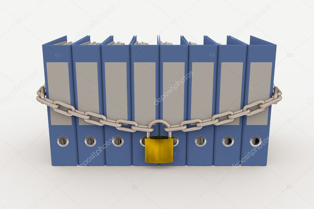 Row of folders closed by a chain and padlock