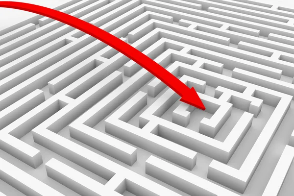Röd pil passerar genom en labyrint — Stockfoto