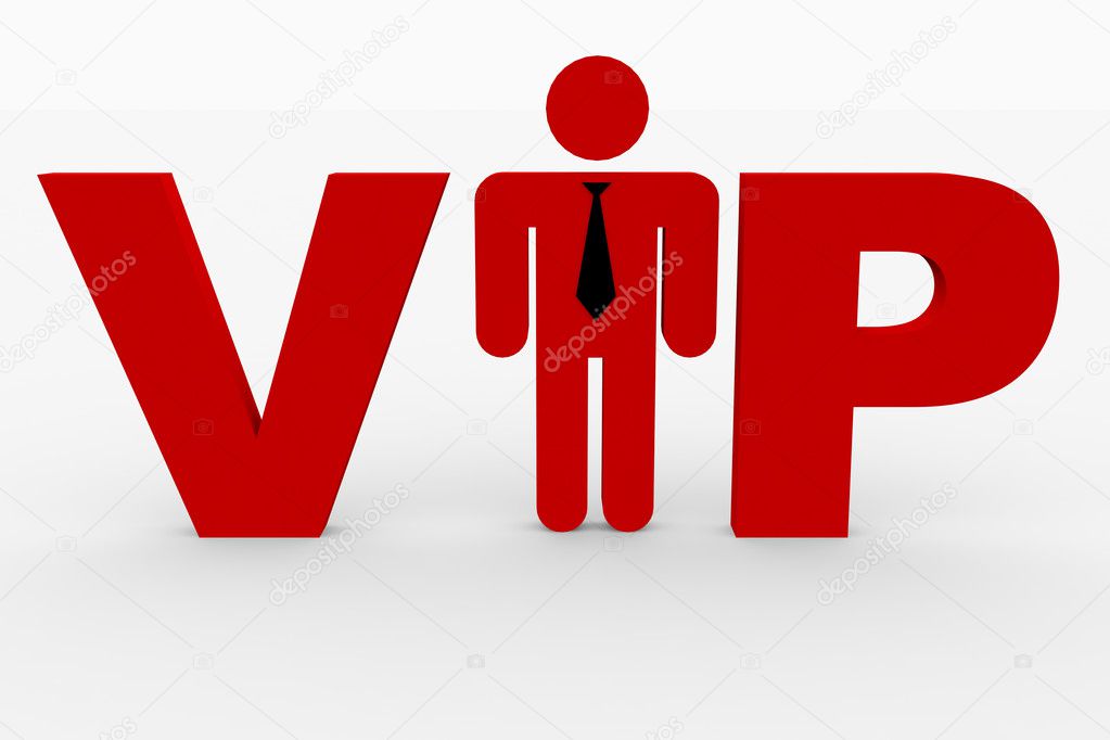 Red 3D text VIP on white. Man replacing i letter.