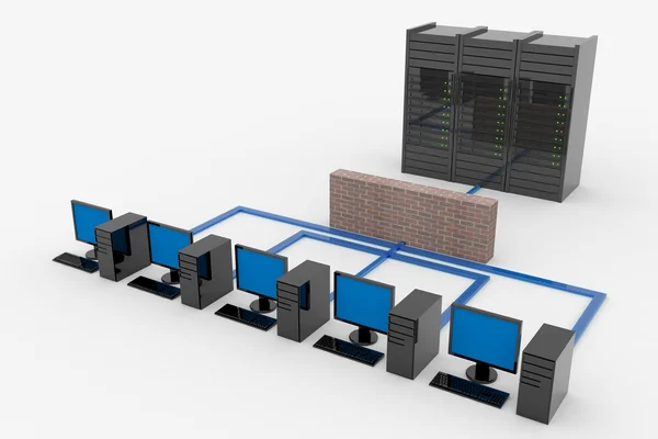 Rede de computadores com servidor e firewall — Fotografia de Stock