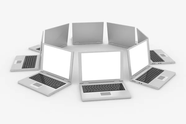 Laptops im Kreis isoliert auf weiß — Stockfoto