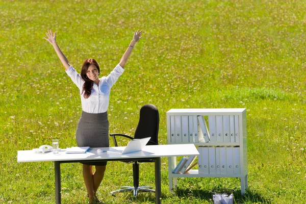 Iş kadını güneşli çayır doğa office eller yukarı — Stok fotoğraf