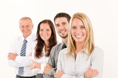 Business team happy standing in line portrait clipart