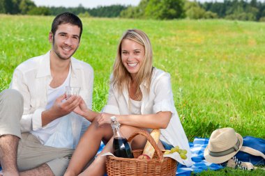 Piknik genç mutlu çift şarapla kutlamak