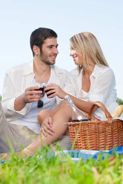 Piknik młodych szczęśliwa para obchodzi z wina — Zdjęcie stockowe