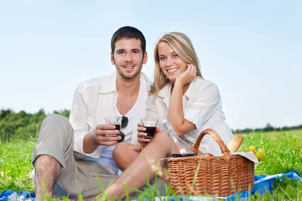 Picknick unga lyckliga par firar med vin — Stockfoto