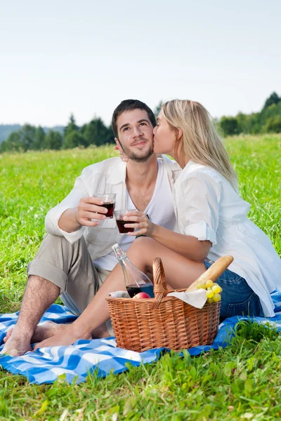 Picnic giovane coppia felice che celebra con il vino — Foto Stock