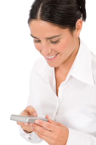Glimlachende zakenvrouw aantrekkelijk houden telefoon — Stockfoto