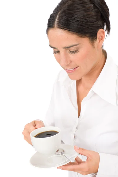 Smiling businesswoman attractive hold coffee cup — Stock Photo, Image