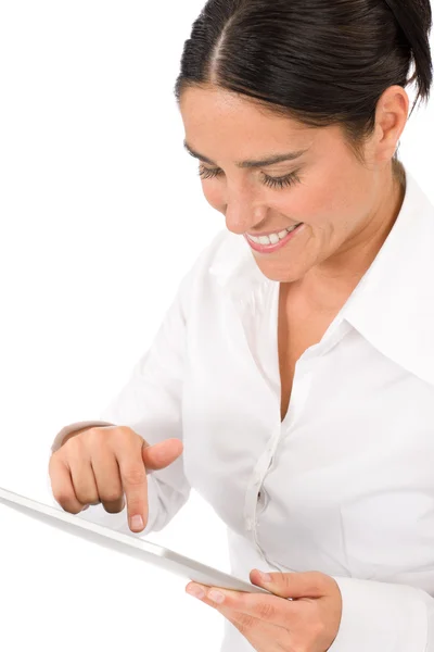 Üzletasszony elég tartsa touch tabletta számítógép — Stock Fotó