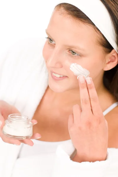 Acne facial care teenager woman apply cream — Stock Photo, Image