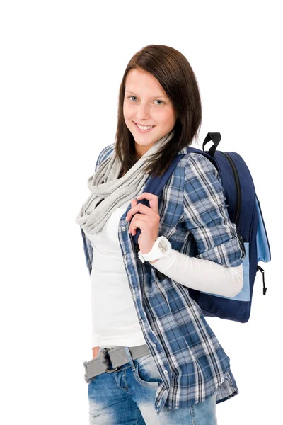 Estudante adolescente menina feliz com saco escolar — Fotografia de Stock