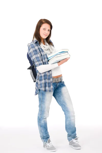 Student teenager happy girl with schoolbag — Stock Photo, Image