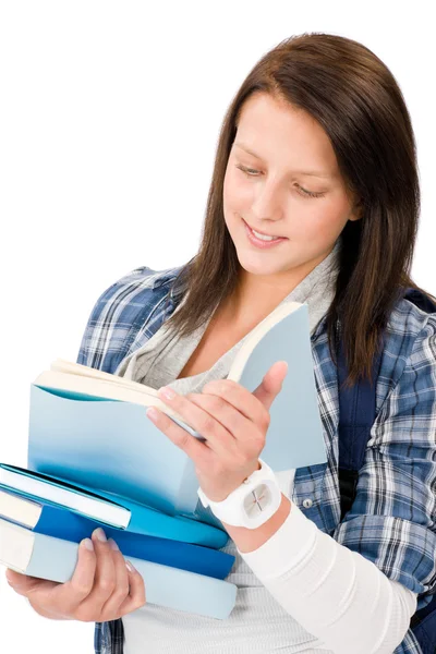 Estudiante adolescente chica con mochila leer libros —  Fotos de Stock