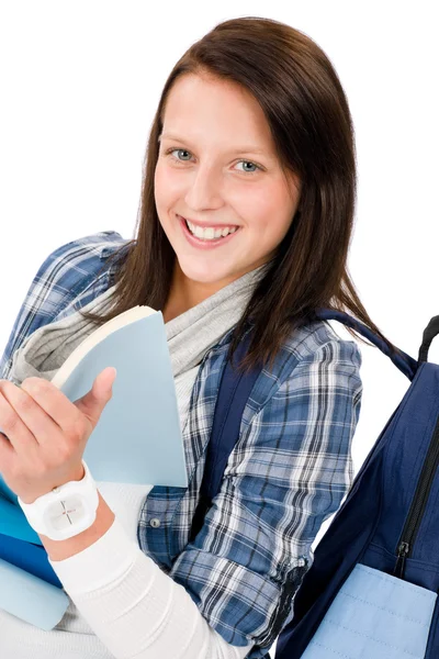 Student teenager girl with schoolbag read books — Stock Photo, Image