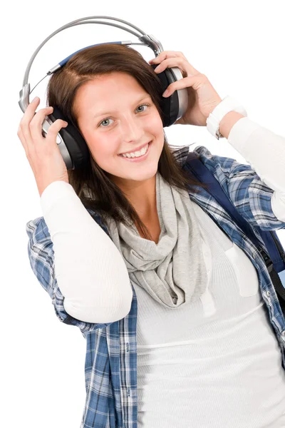 Gülümseyen kadın zevk müzik kulaklık — Stok fotoğraf