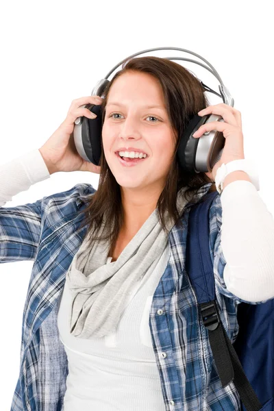 Uśmiechnięta kobieta nastolatek cieszyć się muzyka słuchawki — Zdjęcie stockowe