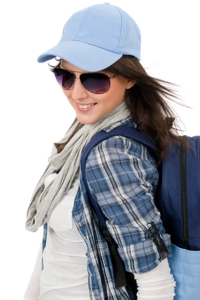 Happy female teenager wear cool outfit sunglasses — Stock Photo, Image