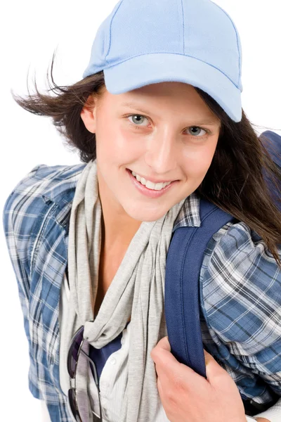 Sorridente adolescente donna indossare fresco vestito schoolbag — Foto Stock