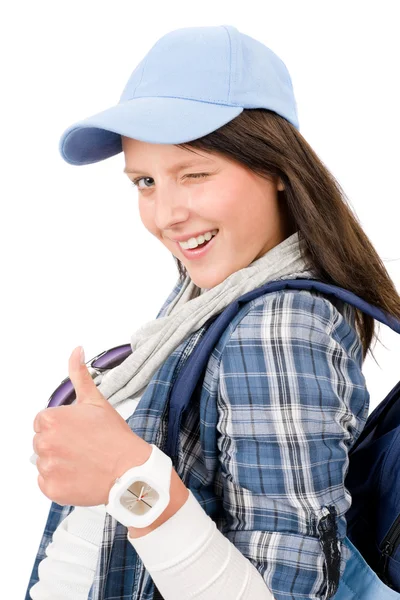 Happy female teenager cool outfit thumb-up — Stock Photo, Image