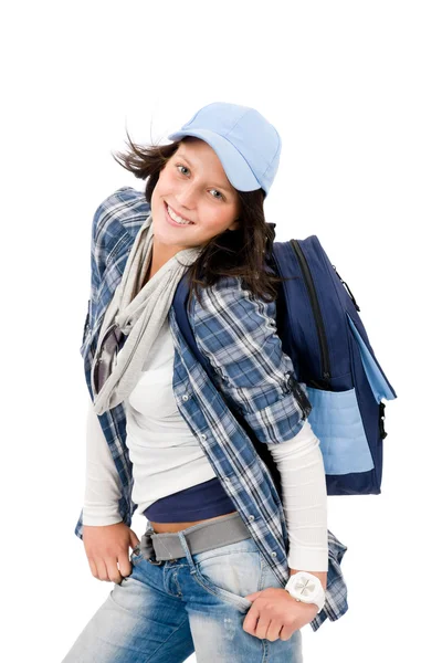 Lachende vrouwelijke tiener slijtage cool outfit Schooltasje — Stockfoto