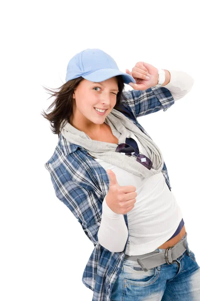 Happy female teenager wear cool outfit sunglasses — Stock Photo, Image