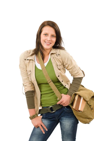 Студентська дівчина-підліток зі шкільною сумкою позує — стокове фото