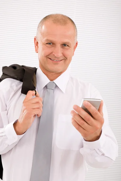 Mature businessman hold phone close-up portrait — Stock Photo, Image