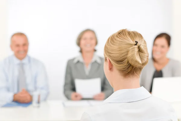Job interview young woman with business team — Stock Photo, Image