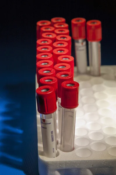 Red test tubes placed at curved lines — Stock Photo, Image