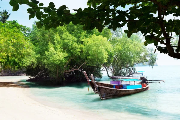 Lange boten op strand in thailand — Stockfoto