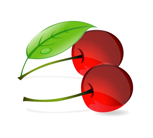 Символ блестящей красной вишни и зеленых листьев — стоковый вектор