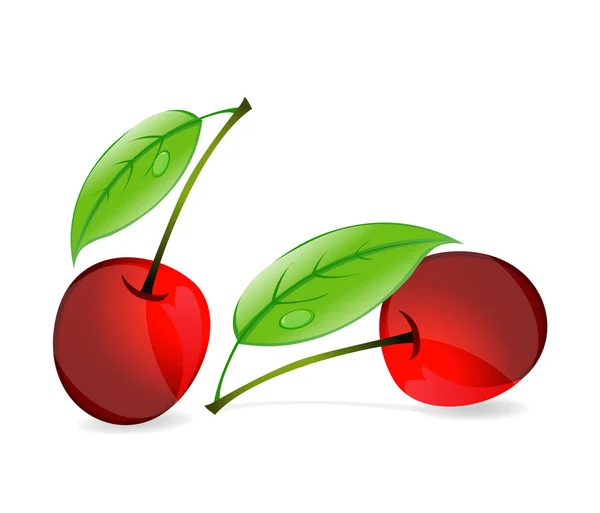 두 개의 빨간색 체리 기호와 절연 녹색 잎 — 스톡 벡터