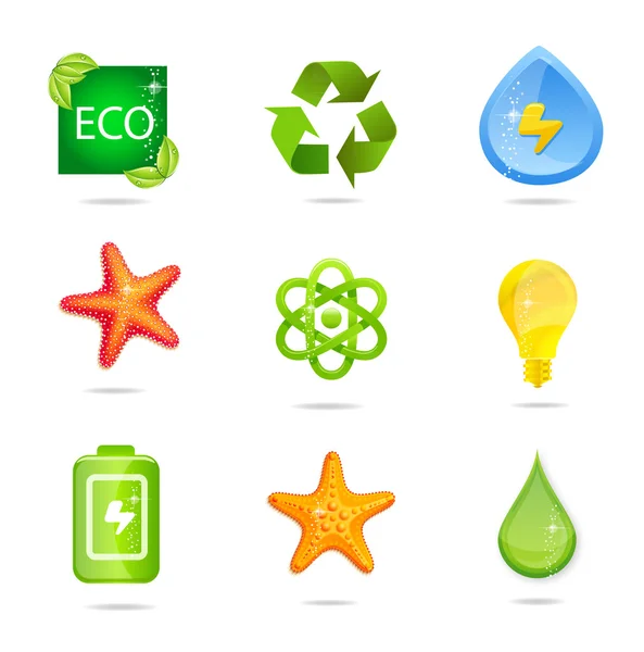 Set de letreros de energía de vidrio y naturaleza verde — Vector de stock