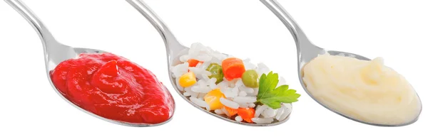 stock image Set ketchup rice with vegetables potato puree in a spoonful isol