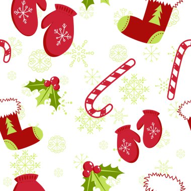 Seamless pattern with cute cartoon Christmas mittens, candy cane, holly ber clipart