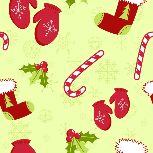 Patrón sin costuras con lindos guantes de Navidad de dibujos animados, bastón de caramelo, acebo ber — Archivo Imágenes Vectoriales
