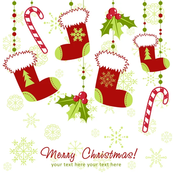 Biglietto natalizio decorato con calza natalizia — Vettoriale Stock