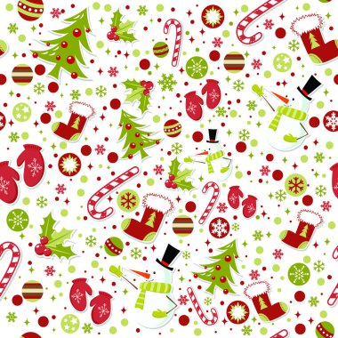 Seamless pattern with cute cartoon Christmas mittens, candy cane,.. clipart