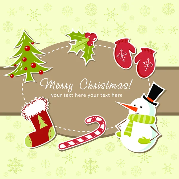 Hermosa tarjeta de Navidad con medias de Navidad, juguetes bayas de acebo, bastón de caramelo — Vector de stock
