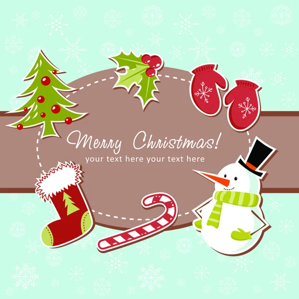Όμορφη Χριστουγεννιάτικη κάρτα με εκτροφής Χριστούγεννα, μούρα πουρνάρι παιχνίδια, καραμέλα από ζαχαροκάλαμο — Διανυσματικό Αρχείο