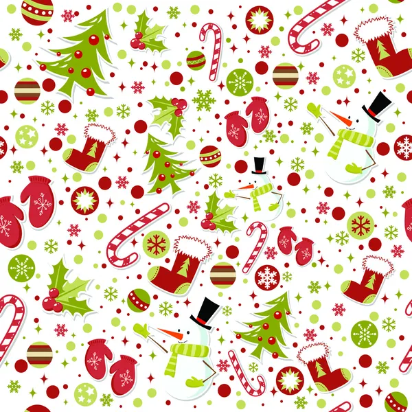 Seamless pattern with cute cartoon Christmas mittens, candy cane,.. — Stock Vector