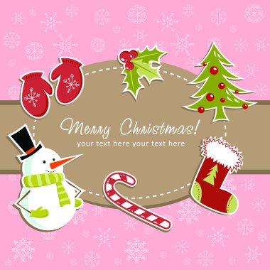 Beautiful Christmas card with xmas stocking, toys holly berries, candy cane clipart