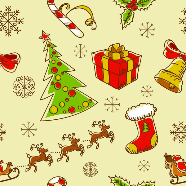 スケッチのモミの木とのシームレスなクリスマスの手の描かれたパターン — ストックベクタ
