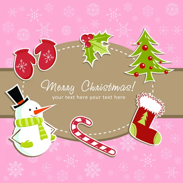 Beautiful Christmas card with xmas stocking, toys holly berries, candy cane — Stock Vector