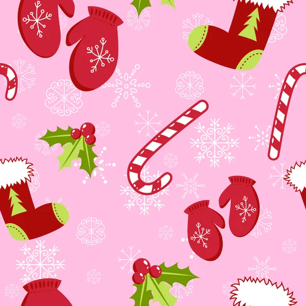 Бесшовный рисунок с милыми мультяшными рождественскими варежками, конфеткой, Холли бер — стоковый вектор