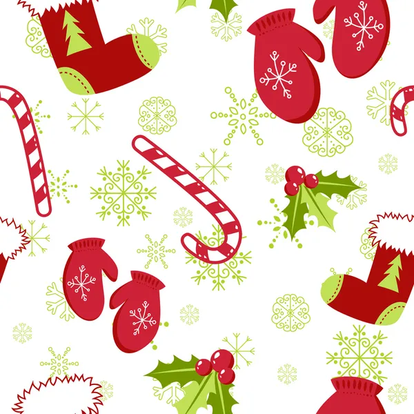 Seamless mönster med söta tecknade jul vantar, polkagris, holly ber — Stock vektor
