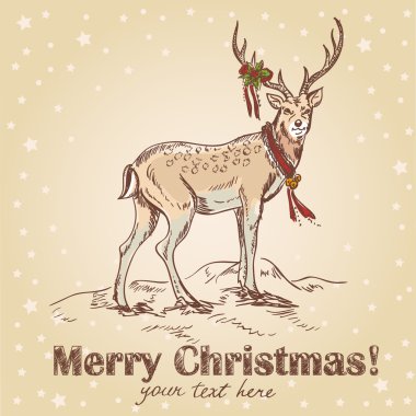 Cute Christmas hand drawn retro postcard with beautiful santa's deer clipart