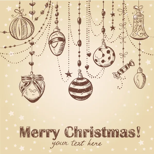 Natal mão cartão postal decorativo desenhado com brinquedos xmas e bolas —  Vetores de Stock