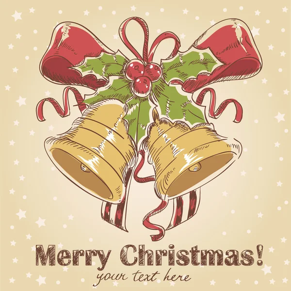 Cartolina retrò disegnata a mano di Natale con simpatiche campane jingle — Vettoriale Stock